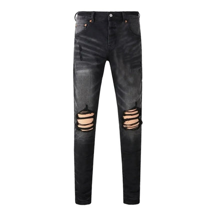 High Street Men's Jeans American Distressed Dark Black Coated Blank Stretch Skinny Button Fly Ripped Pants Trousers