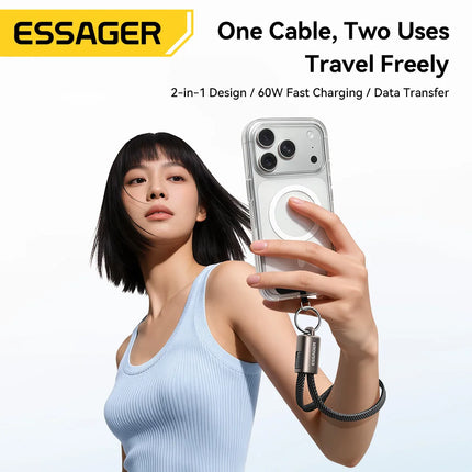 Essager 60W Type C to Type C Fast Charging Cable Lanyard Multifunctional Wrist Strap Neck Cable For iPhone Samsung Xiaomi Huawei