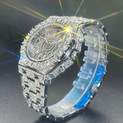 MISSFOX Hip Hop Wristwatch For Men Luxury lce Out Full Diamond Watches Fashion Green Watch Wterproof Week Display Clock 2025