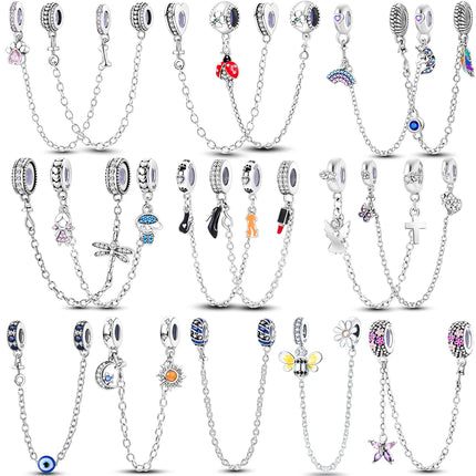 Sparkling Clear Silver Safety Chain 925 Sterling Silver Safety Chain Charm Beads Fit Original Bangle Bracelet DIY Jewelry