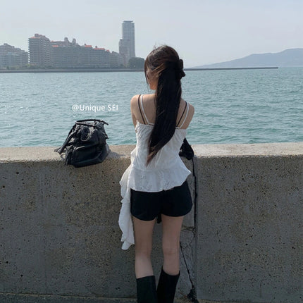 Unique SEI Korean Style Summer Irregular Lace Trim Splice Slimming Strap Top Rivet Denim Shorts Women's Commute Straight Leg Fit