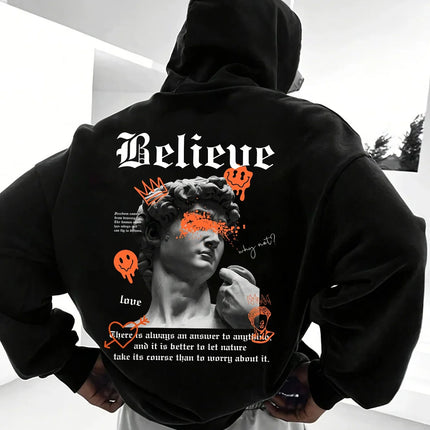 Unisex Street Pullover Hoodie Front Back Dual Print David Statue Graffiti Smiley Text Graphic 2026 Spring Clean Fit Y2K Viral