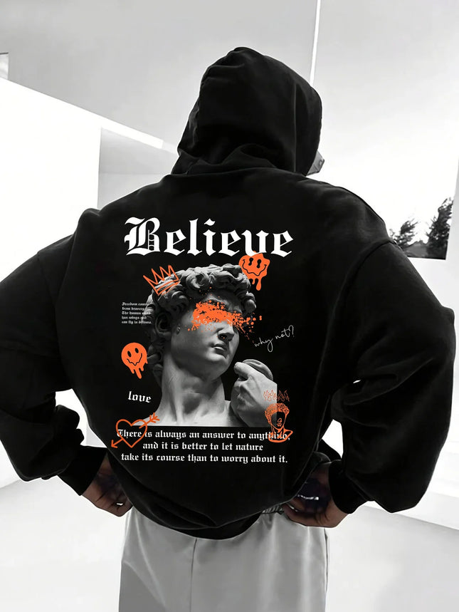 Unisex Street Pullover Hoodie Front Back Dual Print David Statue Graffiti Smiley Text Graphic 2026 Spring Clean Fit Y2K Viral