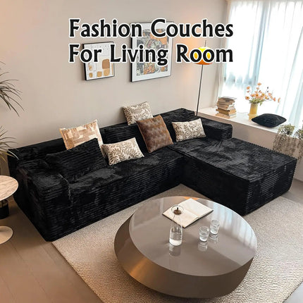 Black sectional couches for Living Room Corduroy Couch，104" Cloud Sectional Couch with L-Shape Chaise， Modern, Customized