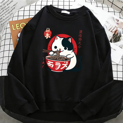 Funny Japanese Cat Eat Ramen Hoodies Fleece Sweatshirt Soft O-Neck Pullover Casual Female Clothes Autumn Spring
