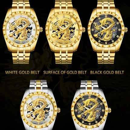 WLISTH Men's Watch 3D Golden Dragon Original Quartz Watch for Men Dragon Dial Waterproof Luminous Date Stainless Steel Watches