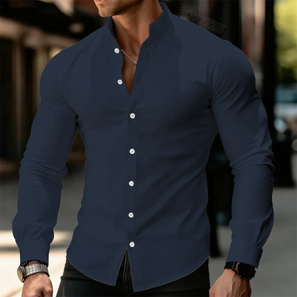 21 New Colors Men's Solid Color Long-Sleeved Stand Collar Shirt, Comfortable, Casual, Business, High-Quality, Elegant Men's Top