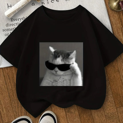 Cat Pattern Printed T-Shirt with Sunglasses, Round Neck Short-Sleeved T-Shirt for Girls, Summer Children's Clothing for Outdoor Leisure Sports, Suitable for 3-14 Years Old