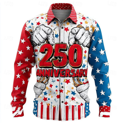 Men's Shirt Us Flag Freedom 250th Anniversary Trendy Retro 3D Print Top Autumn Long Sleeved Button up Spring Fall Holiday Shirts