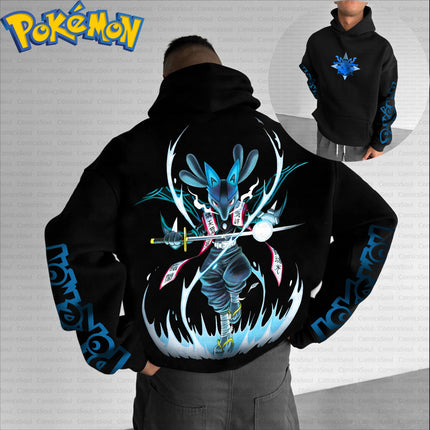 Black Cotton Pokemon Hoodie and Harajuku Pants Set with Lucario Back Print Blue White Aura Effects and Sleeve Character Design