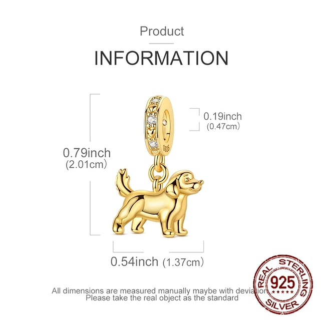 Hot Sale Dachshund Charms 925 Sterling Silver Golden Retriever Puppy Dangle Pendant Fit Bangle Bracelet Necklace DIY Jewelry
