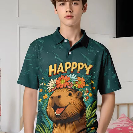 Cute Capybara Graphic Polo Shirt for Boys Funny Animal Short Sleeve Child Polo Shirt Summer Casual Loose Y2k Children's Clothing