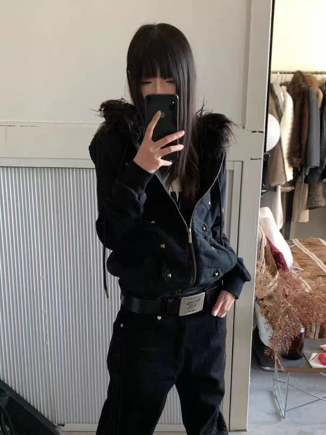 Aesthetic Hot Girl Vintage Black Hoodie Women Gothic Punk Rivet Fur Collar Y2k Cardigan Female Hepburn Retro Warm Winter Coat