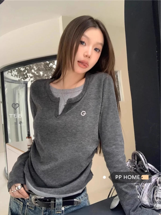 Women's T-shirt fake two piece long sleeved T-shirt for autumn and winter slim fit and slimming bottom top retro bottom top