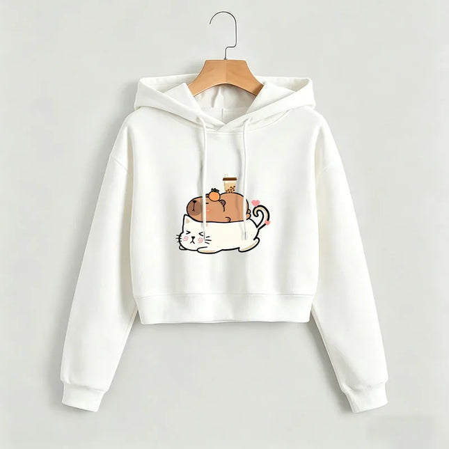 Kawaii Cat with Capybara Cropped Sweatshirt Crop Top Hoodie Y2k Sweatshirts Gothic Casual Style Clothes Pullover