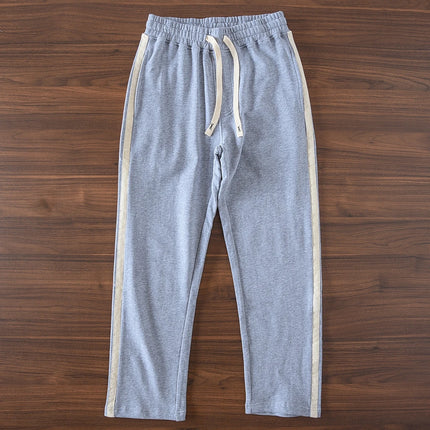 Spring Autumn American Retro Drawstring Knitted Striped Sweatpants Men's Simple 100% Cotton Sports Casual Loose Straight Pants