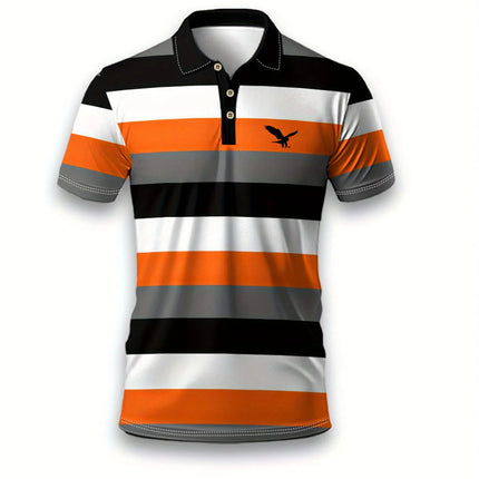 Men's Fashion Orange Striped Logo Print Sporty Short Sleeve Shirt, Machine Washable, Button-Up Casual Top with Retro Design