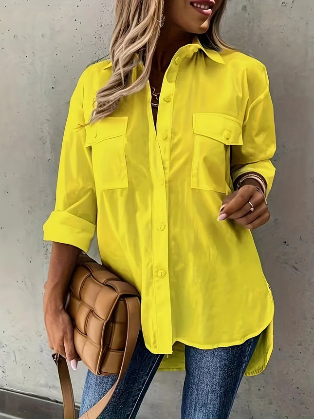 Plus Size 1XL-5XL Women Fashion Solid Color Lapel Shirt Pocket Decoration Shirt Casual Loose and Simple Long Sleeved Shirt