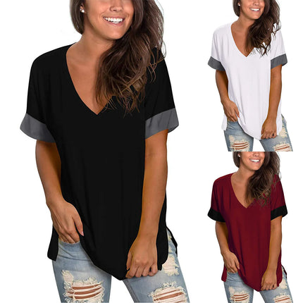 2024 Europe and the United States Spring and Summer Cross-Border New Women's Basic Solid Color V-Neck Short-Sleeve Stitching