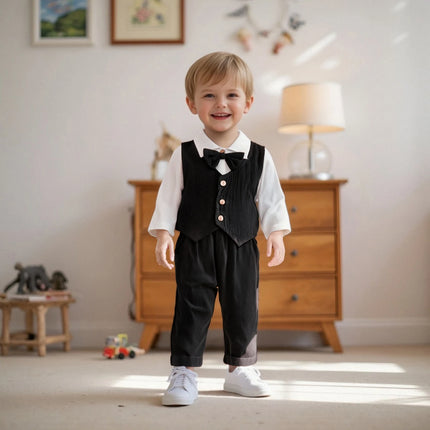 0-18M Newborn Baby Boy Dress Clothes Long Sleeve Romper Shirt Bowtie Waistcoat Suspender Pants Set Suit Fall Outfits