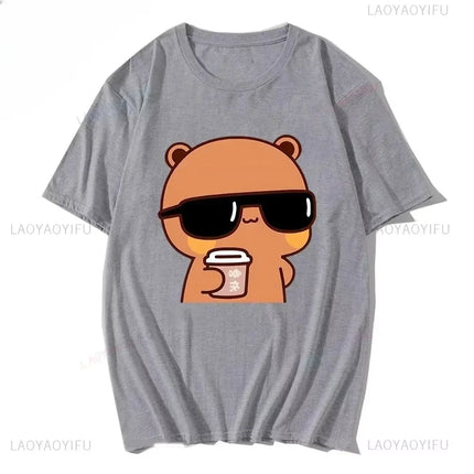 Couple Tee Bubu Is Watching Movies and Milk Tea with Dudu T-shirt Cartoon Cute Graphic Tees for Ladies Kawaii Cotton Unisex Tops