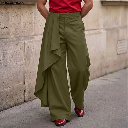 INCERUN Men Pants Solid Color Button Joggers Casual Ruffle Trousers For Man Streetwear Loose 2026 Stylish Long Pants Pantalones