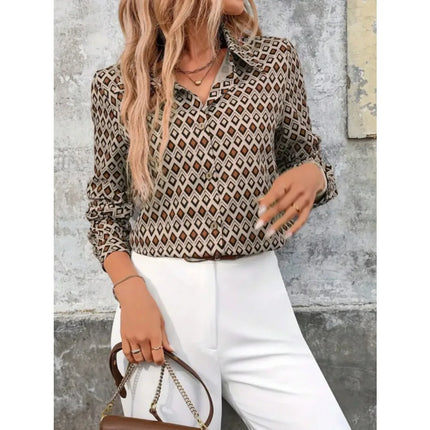 Plus Size 1XL-5XL  Women's Fashion All Season Geometric Printed Button Up Blouse Shirt Women Casual Long Sleeved Lapel Shirt
