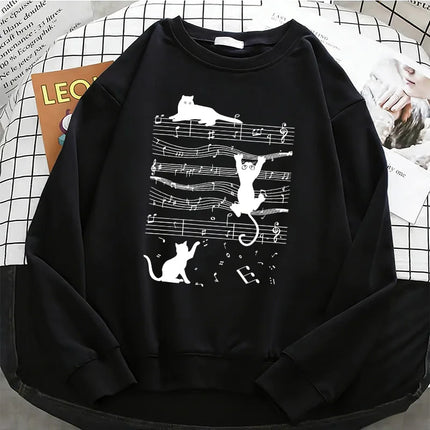 Japanese Style Music Cat Womens Solid Hoodies Basic Warm Fleece Sweatshirt Soft Streetwear O-Neck Pullover Casual Female Clothes