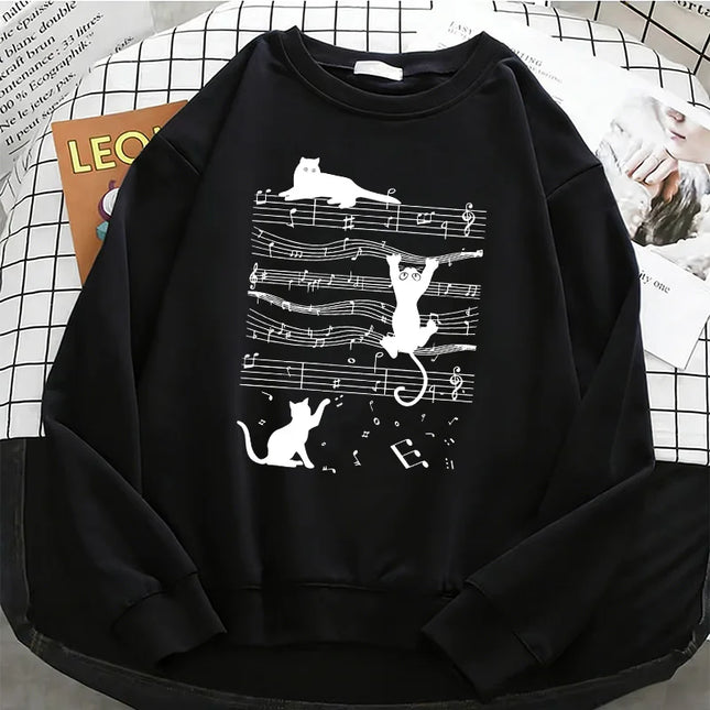 Japanese Style Music Cat Womens Solid Hoodies Basic Warm Fleece Sweatshirt Soft Streetwear O-Neck Pullover Casual Female Clothes