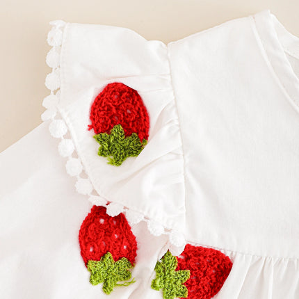 Girls Spring Autumn Strawberry Embroidery Ruffle Long Sleeve + Denim Long Pants Two-Piece Set Baby Outfit