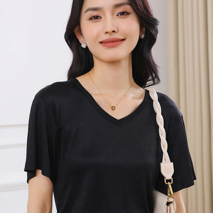 2026 Summer New Women's T-shirt V-neck Knitted Women's Short Sleeve High end Acetate Fiber White Fashion Women's Top