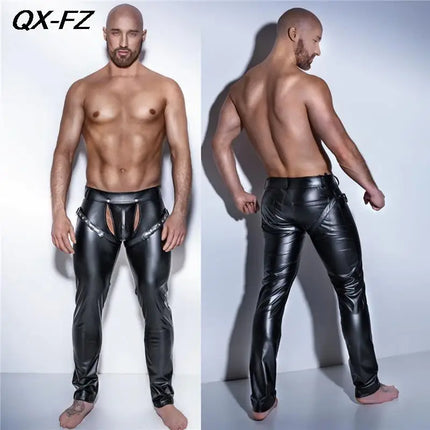 Erotic Men Faux PU Leather Pants Male Wetlook Latex Trousers Open Front Exotic Clubwear Gay Fetish PVC Pants Clubwear Costume