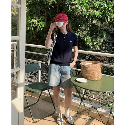 Summer 100% cotton women's T-shirt casual knit pullover short sleeved loose POLO collar Tees Pull luxury brand embroidery Tops