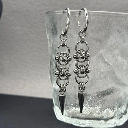 Gothic Punk Handmade Stainless Steel Spike Hoop Earrings for Women Grunge Y2K Byzantine Chainmail Chain Dangle Earrings