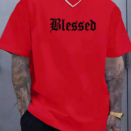 Men's summer 100% pure cotton fashionable casual loose Blessed letter pattern printed sports round neck short sleeved T-shirt