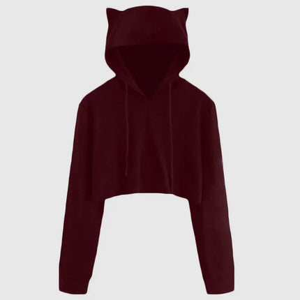 Cropped Short Belly Hoodie Pullover Cat Ear Cute Hooded Sweatshirt Solid Spring Casual Crop Top Coat For Women