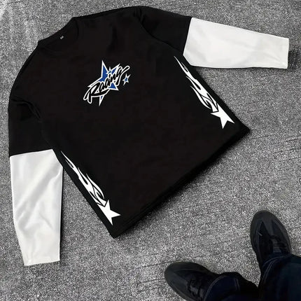 New men's long-sleeved T-shirt for Spring and Autumn 2025 featuring street fashion and comfort with 3D star pattern printing