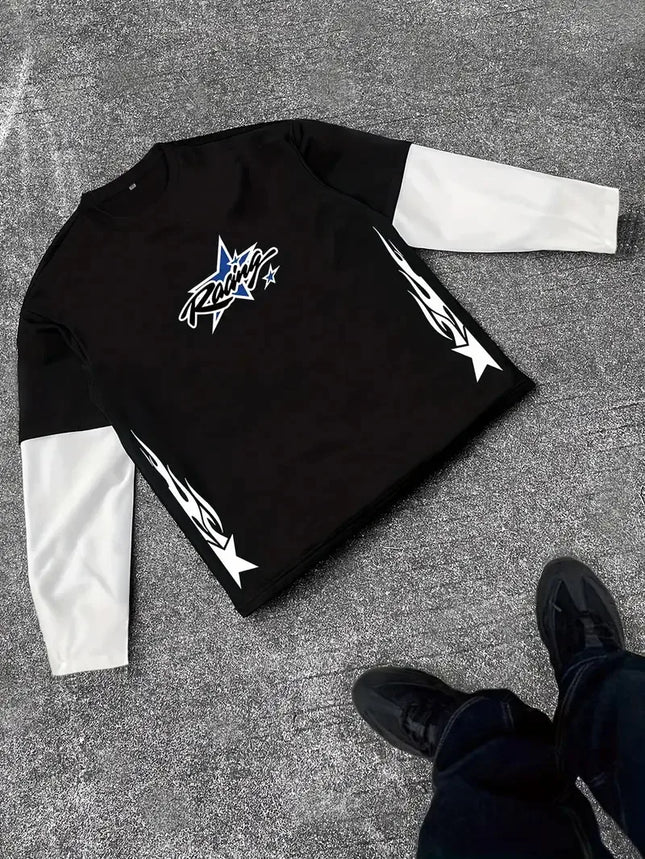 New men's long-sleeved T-shirt for Spring and Autumn 2025 featuring street fashion and comfort with 3D star pattern printing
