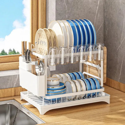 Double-layer large-capacity dish drain rack | With water guide tray, rust-resistant and durable, kitchen countertop storage rack