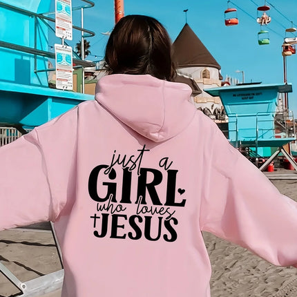 Just a Who Loves Jesus Hooded Pullover with Alphabet Print Long Sleeves Kangaroo Pocket Casual Sweatshirt for Women Minimalist