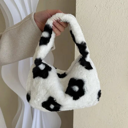 Y2k Korean Plush Retro Leopard Print Bags for Women Underarm Bags Leopard Zebra Pattern Fluffy Tote Bags Small Purses Handbags