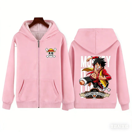 New One Piece Anime Hoodie Zip Up Jacket D Luffy Print Kids Hooded Sweatshirt Daily Casual Streetwear Tops 100-160cm