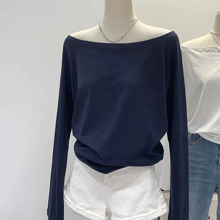 One Shoulder Cotton Slant Shoulder Long Sleeve Women's Interior-Style Wide Truffle Shoulder Base Autumn Winter Shirt