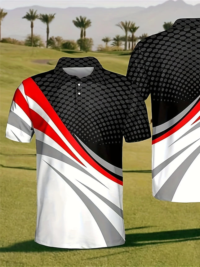 Geometric Pattern Digital Printed Men's Multi-color Unique Short-sleeved Polo Shirt for Summer Outdoor, Golf, Bowling, Tennis