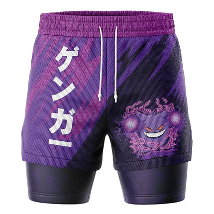 Bandai Gengar Attack Pocket Monster Anime Unisex Double Layer 2-in-1 Performance Gym Shorts Summer Quick-dry Soft Lightweight