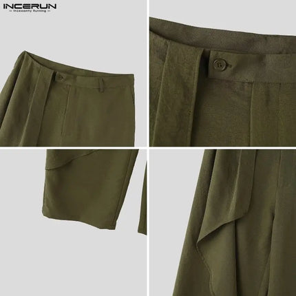 INCERUN Men Pants Solid Color Button Joggers Casual Ruffle Trousers For Man Streetwear Loose 2026 Stylish Long Pants Pantalones