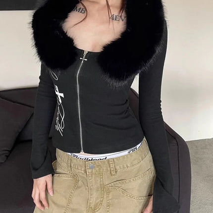 Vintage Y2k Fur Collar T Shirt Women 2000s Aesthetics Off Shoulder Tops Harajuku Letter Print Long Sleeve T-shirt New 2026