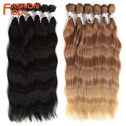 FASHION IDOL Water Wave Hair Bundles Synthetic Hair Extensions Ombre Blonde Brown Cosplay Weave Hair Bundles 20 inch 6Pcs Hair