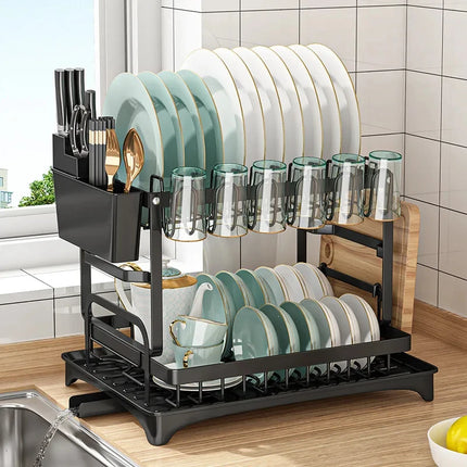2 Tier Dish Drying Rack Kitchen Countertop Bowl Drainer Storage Organizer with Chopsticks Knife Fork Cup Holder Drain Shelf