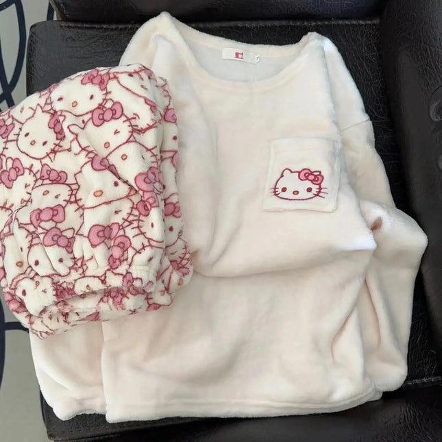 New Sanrio kawaii anime hello kitty cute cartoon girls winter flannel plus velvet thickened pajamas home clothes set gift